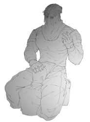 2boys army_uniform blowjob bright_pupils clothed digital_drawing_(artwork) digital_media_(artwork) faceless_male gay hand_on_head helmet konig male male_only mask masked_male monochrome muscular muscular_male no_shading no_underwear pants_open simple_background soysauce0u0 thick_thighs