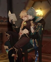 2boys aether_(genshin_impact) alhaitham_(genshin_impact) androgynous blonde_hair blonde_hair_male erect_penis foreplay gay genshin_impact male male/male reading reading_book sitting_on_lap touching_penis twink yaoi