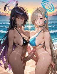 2girls ai_generated asuna_(blue_archive) beach blue_archive erection futanari huge_cock karin_(blue_archive) looking_at_viewer nude ocean_background penis sand smiling summer sunset tan_lines uncensored wet_hair