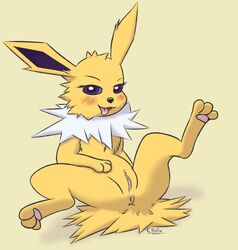 2016 anus blush canine eeveelution ellistia female feral fur furry furry_only jolteon looking_at_viewer mammal nintendo nude open_mouth paws pokémon_(species) pokemon presenting presenting_anus presenting_pussy pussy pussy_juice seductive simple_background smile solo spread_legs spreading tongue tongue_out video_games