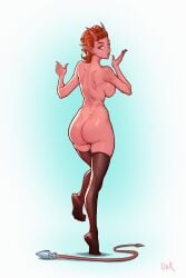 2025 ass big_breasts breasts brown_hair buttplug buttplug_tail clothing demon demon_humanoid eyebrows fake_tail female hair hi_res horn horned_humanoid humanoid humanoid_pointy_ears legwear looking_back not_furry plug_(sex_toy) pointy_ears red_body red_skin sex_toy side_boob solo thigh_highs ullr_(artist)