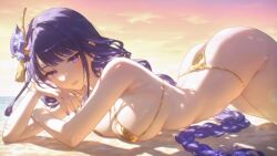 absurd_res ai_generated alternate_costume arched_back arm_rest armpit_crease ass bare_arms bare_shoulders beach bent_over bikini blunt_bangs blurry blush braid braided_ponytail breast_press breasts cleavage closed_mouth cloud cloudy_sky crossed_arms elbow_rest evening female fingernails flower from_side g-string genshin_impact gold_bikini gradient_sky hair_flower hair_flowing_over hair_ornament halterneck hand_on_own_face hanging_breasts head_on_hand head_rest highleg highleg_bikini horizon huge_ass large_breasts light_blush light_particles light_smile lips long_braid long_fingernails long_hair looking_at_viewer looking_to_the_side lying median_furrow micro_bikini ministro mole mole_under_eye nail_polish ocean on_ground on_stomach orange_sky outdoors parted_lips purple_eyes purple_flower purple_hair purple_nails purple_sky raiden_shogun sand shadow shiny_skin shore sideboob sidelocks single_braid skindentation sky smile solo strap_gap string_bikini sunlight sunset swimsuit tassel tassel_hair_ornament thick_thighs thighs thong thong_bikini top-down_bottom-up twilight twisted_torso underboob very_long_hair water wet yellow_bikini yellow_sky