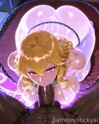 1girls ai_generated belly_dancer blonde_hair blowjob blowjob_face breasts gina_(solo_leveling) gold_jewelry harem_outfit large_breasts solo_leveling voluptuous voluptuous_female yellow_eyes
