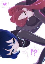 !? 2girls ass_focus ass_pillow blue_eyes blue_hair bodysuit closed_eyes duel_monster eriya_(artist) evil_twin_ki-sikil evil_twin_lil-la face_in_ass female heart_symbol red_hair sleeping surprised yu-gi-oh!