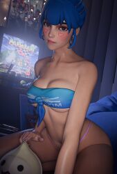 1girls 2025 3d bandeau bedroom blue_hair blue_nail_polish blush_makeup breasts brown_eyes cleavage covered_breasts d.va eyeliner eyeshadow face_markings fearless_d.va female female_only female_torso fit fit_female front_view hana_song hoop_earrings indoors keu3d le_sserafim legs_apart makeup medium_breasts nail_polish navel overwatch overwatch_2 pachimari painted_nails pink_lipstick pink_thong shirt_knot sitting sitting_on_bed solo thong tv underboob