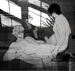 2boys anal anal_sex blush breath censored chen_jingz9426 class_3-z clothed_male_nude_male erection gay gintama gintoki_sakata glasses hijikata_toshiro male male_only monochrome muscular muscular_male nude official_alternate_costume on_back penis table_sex teacher teacher_and_student topless topless_male yaoi