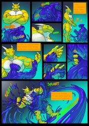 anthro ass balls big_balls big_penis claws coat cock comic cum dialogue dick dragon engis_(trencalos) fins flexing furry fusion gay goo_creature grey_body homosexual laboratory male male/male male_only markings merging moaning muscles muscular muscular_male necktie penis reptile scales semen shark shark_tail sharp_teeth slime stripes tail tentacle testicles trencalos vein veiny_penis
