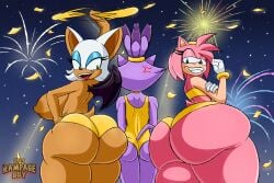 2024 amy_rose anthro ass bat big_ass big_breasts bikini blaze_the_cat breasts butt_size_difference clothing cross-popping_vein domestic_cat eulipotyphlan felid feline felis female fur gloves group handwear hedgehog hi_res holidays huge_ass looking_at_butt mammal new_year nipples one-piece_swimsuit open_mouth pink_body pink_fur purple_body purple_fur rampageguy rouge_the_bat sega smile sonic_(series) sonic_the_hedgehog_(series) swimwear teeth thick_thighs tongue trio white_hair