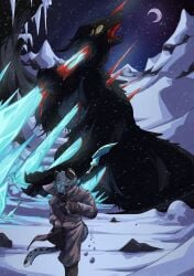 absurd_res anthro blood bodily_fluids chalk_outline claws corpse felid feral glaive gore hi_res ice impalement male mammal melee_weapon monster mountain pantherine polearm snow snow_leopard snowing solo walking_towards_viewer weapon