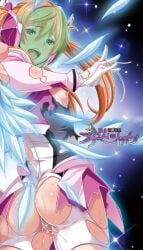 ass assault_visor blush bodysuit breasts brown_eyes feathers female gentle_sasaki gloves helmet long_hair looking_at_viewer looking_back nipples non-web_source official_art open_mouth orange_hair prism_shine pussy_juice saliva shindou_hikari small_breasts solo soukou_senki_prism_reica soukou_senki_prism_shine sweat torn_clothes twintails winged_helmet