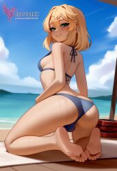 1boy 2d ai_generated ass bangs barefeet big_ass bikini blonde_hair bulge erection erection_under_clothes erophoenix feet full_body green_eyes looking_at_viewer looking_back male male_focus navel nude otoko_no_ko pale_skinned_male patreon_username penis sitting smile soles solo solo_male sweat swimsuit thick thick_thighs toes uncensored