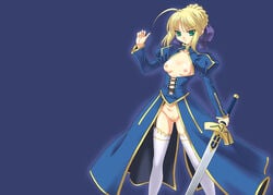 artoria_pendragon blonde_hair breasts fate/stay_night fate_(series) functionally_nude green_eyes highres ngo no_panties pubic_hair revealing_clothes sword thighhighs weapon