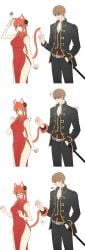1boy 1girls aged_up annoyed big_breasts blue_eyes blush bun_cover cat_ears cat_tail catgirl china_dress chinese_clothes double_bun embarrassed female fully_clothed gintama kagura_(gintama) long_hair male okita_sougo orange_hair pelvic_curtain shinsengumi_(gintama) sweat twintails umm0_x wide_hips
