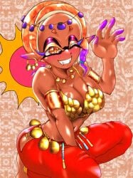 1girls alternate_costume barefoot blush breasts cleavage earrings female frye_(splatoon) frye_(team_afternoon) inkling inkling_girl large_breasts looking_at_viewer mazuo917 navel nintendo official_alternate_costume one_eye_closed orange_eyes orange_hair pants pointy_ears red_pants solo solo_female solo_focus splatfest splatoon splatoon_3 tentacle_hair wink winking_at_viewer