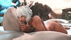 1boy 1girls blowjob cat_ears cat_tail catgirl face_markings feet_up fellatio final_fantasy final_fantasy_xiv holding_penis large_penis looking_at_partner lying_on_ground miqo'te mouth_full_of_cock nude nude_female outdoors short_hair valtin_surecast white_hair y'shtola