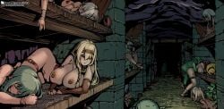 5boys 6+girls bandaged_foot bandages blonde_hair bondage breasts bridal_gauntlets colored_skin elf female goblin green_skin grey_hair hairband highres huge_breasts interspecies long_hair male multiple_boys multiple_girls nipple_piercing nipple_rings nipples nude original piercing pointy_ears pregnancy_mark sex sex_from_behind slave sleeping straight tally tattoo yakou_(4507770)