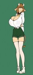 bangs big_breasts bob_cut brown_eyes brown_hair character_sheet collar cow_girl embarrassed fonkimonki hazel_eyes huge_breasts kemonomimi liza_(fonkimonki) looking_away reference_sheet shorts slender slender_waist thick_eyebrows thighigh thin thin_waist tight_clothes tight_clothing