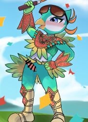 4_fingers absurd_res animal_genitalia anthro armor aroused aroused_smile avian beaded_breastplate beaded_clothing beads beak bird bird_body_(nintendo_switch_sports) blue_eyes blush boots bottomwear breastplate censored clothed clothing cloud colored commando confetti crop_top digital_drawing_(artwork) digital_media_(artwork) erection erection_under_skirt exposed eye_markings eyeliner eyewear eyewear_on_head facial_markings feathered_breastplate feathered_clothing feathered_skirt feathers femboy fingers flamboyant footwear gauntlets gem genital_slit genitals glistening glistening_eyes gloves golf golf_club golf_course grass grass_field green_arms green_body green_clothing green_crop_top green_face green_feathers green_hands green_legs green_shirt green_topwear hand_on_hip hand_on_own_hip handwear head_markings hi_res hill humanoid_hands makeup male markings mask_(marking) midday midriff milklemon5127 open_beak open_mouth open_smile orange_body orange_feathers penis pink_penis plant raised_arm raised_bottomwear raised_clothing raised_skirt red_breastplate red_clothing red_gauntlet samba_outfit shirt shoes skirt sky slit_penis smile solo sparkles sparkling_clothing sport sunglasses sunglasses_on_head tan_boots tan_clothing tan_footwear tongue topwear tournament victory victory_pose white_bosy white_eye_markings white_face white_facial_markings white_head_markings white_markings white_mask_markings white_torso wind wind_lift yellow_beak