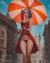 1girls ai_generated aisinful breasts dc dc_comics female gooning harley_quinn hi_res medium_breasts multiple_girls panties public solo thick_thighs thighs thong twintails voyeur wide_hips