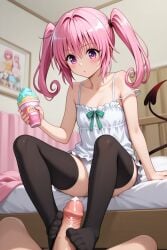 ai_generated bed bedroom cum flat_chest footjob ice_cream koihi nana_asta_deviluke panties stockings to_love-ru tomboy twintails white_panties