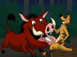 4:3 bodily_fluids cum cum_in_mouth cum_inside digital_media_(artwork) disney duo ejaculation erection feral genital_fluids genitals herpestid licking male male/male mammal meerkat omatic oral penile penis penis_lick pumbaa sex smile suid suine tail the_lion_king timon tongue tongue_out warthog