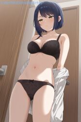 1girl 1girls ai_generated arms_behind_back black_bra black_panties blue_hair blush bow_panties bra breasts cleavage closed_mouth collarbone commentary_request dark_blue_hair door female genshin_impact indoors kujou_sara medium_breasts navel open_shirt panties shirt short_hair solo standing stomach underwear undressing white_shirt yellow_eyes zelanell