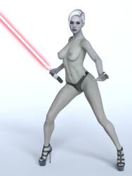 1girls 3d black_panties daz_studio full_body grey-skinned_female grey_skin high_heels jedi:_fallen_order lightsaber merrin panties solo topless topless_female white_hair zauselzaus