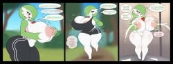 absorption_vore after_transformation after_vore anthro ass big_breasts big_butt black_bottomwear black_clothing black_shirt black_shorts black_tank_top black_topwear bodily_fluids bottomwear breast_expansion breast_transformation breast_vore breasts clothing comic dialogue drpolice english_text expansion fan_character female gardevoir generation_3_pokemon green_body green_hair green_skin hair hi_res hotpants huge_breasts huge_butt humanoid_pointy_ears inside jogging lactating legwear milking_self multicolored_body nintendo open_mouth outside pants pink_clothing pink_shirt pink_tank_top pink_topwear pointy_ears pokemon pokemon_(species) red_eyes shirt shorts shower smile solo tank_top text thick_thighs thigh_highs topwear transformation two_tone_body vore yoga_pants