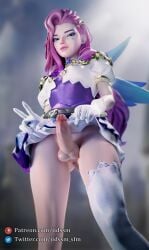 balls big_penis big_thighs blue_eyes breasts futa_only futanari futanari iidssm_sfm league_of_legends light-skinned_futanari light_skin long_hair looking_at_viewer penis pink_hair pink_lipstick seraphine_(league_of_legends) small_breasts solo thick_thighs thighs