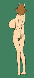 bangs big_breasts bob_cut brown_eyes brown_hair character_sheet cow_girl embarrassed fonkimonki hazel_eyes huge_breasts kemonomimi liza_(fonkimonki) looking_away reference_sheet slender slender_waist thick_eyebrows thin thin_waist