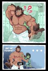 2022 4_fingers abs armpit_hair body_hair brown_skin censor_bar censored censored_penis deadlyrabitt green_skin hairy_male halloween locker_room monster_prom muscular muscular_male pecs question_mark scott_howl tail tail_wagging tongue_sticking_out towel towel_drop werewolf