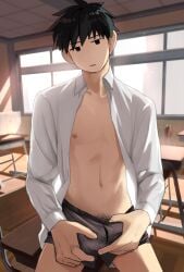 1boy absurdres black_eyes black_hair bulge classroom crotch_grab desk gay gay_male highres male_focus male_pubic_hair male_underwear midriff navel nipples open_clothes original pubic_hair school_desk shirt syokuhin_108 underwear white_shirt window yaoi