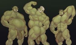 armpit armpit_hair ass balls bara beard big_balls big_penis body_hair facial_hair flaccid flexing gab_art green_body green_skin hand_behind_head male male_only muscles muscular nipple_piercing nude orc penis