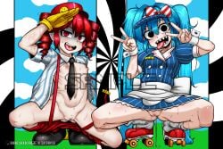 2girls aotako apron bar_censor black_boots black_eyes black_necktie blue_dress blue_hair blue_hat blue_shirt blue_sky blush boots bow breasts buttons censored cloud collared_shirt commentary_request commission double-breasted double_v dress drill_hair empty_eyes female flat_chest full_body gloom_(expression) gloves grey_socks hair_between_eyes hair_intakes hat hat_bow hatsune_miku kasane_teto long_hair looking_at_viewer medium_hair mesmerizer_(vocaloid) mosaic_censoring multiple_girls navel necktie nervous_sweating nipples no_bra no_panties open_clothes open_mouth open_shirt outie_navel paid_reward_available pants puffy_short_sleeves puffy_sleeves pussy pussy_juice pussy_juice_puddle red_bow red_eyes red_hair red_hat red_pants red_shoes roller_skates salute sample_watermark sharp_teeth shirt shoes short_sleeves skates sky small_breasts smile socks spiral squatting striped_bow striped_clothes striped_dress striped_shirt suspenders sweat teeth tongue tongue_out translation_request twin_drills twintails utau v vertical-striped_clothes vertical-striped_dress very_long_hair visor_cap vocaloid waist_apron watermark white_apron white_bow white_shirt wrist_cuffs yellow_gloves