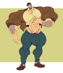 balls bara beard big_bulge big_muscles big_penis bulge clothing facial_hair flaccid fully_clothed male male_only muscles muscular penis remert shirt_lift solo solo_male tagme_(character)