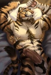 absurd_res anthro balls barazoku beard body_hair chest_hair facial_hair felid foreskin fur genitals green_eyes hairy_scrotum hi_res kiraxdraws light male male/male mammal muscular nipple_piercing nipples orange_body pantherine pawpads penis piercing scrotum_pull smile solo stripes sunlight tail tiger