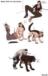 1boy abs animal_ears artist_name ass black_hair chest english_text full_body kicking long_hair male_focus navel nipples open_mouth pants simple_background tagme teeth white_background zoophilia