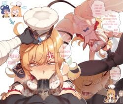 1boy 2girls all_the_way_to_the_base anger_vein angry big_breasts blonde blonde_female blonde_hair blowjob deepthroat dialogue english english_text escoffier_(genshin_impact) fellatio female genshin_impact hand_on_another's_head hilichurls_(species) hoyoverse human interspecies male mihoyo oral oral_penetration oral_sex tagme text thiccwithaq xiangling_(genshin_impact)