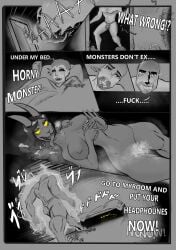 2_horns absurd_res albinion anthro black_hair bodily_fluids breasts claws comic crouching drooling female first_person_view g glowing glowing_eyes grey_body grey_skin hair hi_res horn human human_on_anthro interspecies jojo_reference long_tongue looking_at_viewer male male/female male_penetrating mammal meme monster night nipples nude open_mouth saliva saliva_string scp-3887-b scp_foundation sharp_claws sharp_teeth teeth text tongue tongue_out video_games yellow_eyes