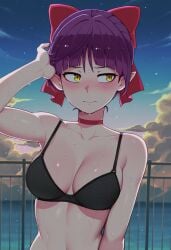 arm_up black_bra blush bow bra breasts choker cleavage closed_mouth cloud cloudy_sky collarbone embarrassed evening female gradient_sky hairbow hand_in_own_hair looking_to_the_side medium_breasts nekomusume night night_sky outdoors pointy_ears polka_dot_bra purple_hair railing red_bow red_choker shiny_skin short_hair sky slit_pupils solo star_(sky) starry_sky sunset sweat twilight underwear underwear_only upper_body wet yellow_eyes