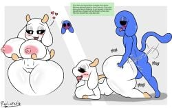 alien alternate_version_at_source anthro balls blue_body blush bodily_fluids bovid breasts bunny_maloney caprine charlotte_(bm) english_text female genitals goat hi_res jean_francois lactating male male/female mammal profanity pussy raylopez sex text white_body