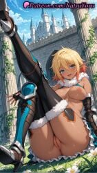 1girls 2025 ai_generated ass black_gloves blonde_hair blue_eyes blush boots breasts dark-skinned_female dark_skin elda_ballad elf elf_ears fingerless_gloves flower fur_trim gloves hair_between_eyes hi_res high_heels highres large_breasts looking_at_viewer natsuyoru nipples open_mouth outdoors patreon pointed_ears pointy_ears pussy short_hair sitting skirt sky smile solo thighhighs vagina vambraces voluptuous voluptuous_female youkoso!_sukebe_elf_no_mori_e