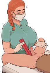 1boy aqua_shirt artist_name blue_eyes bottomless braid braided_ponytail breasts brown_shirt female gloves highres huge_breasts mare_ten mask mouth_mask nurse orange_hair original penis penis_measuring ruler shirt short_sleeves simple_background straight surgical_mask white_background white_gloves