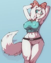 2025 accessory anthro arm_tuft ass belt big_breasts bird_dog blue_eyes blush bottomless bow_ribbon breasts butt_from_the_front canid canine canis centered_hair_bow clothed clothing crotch_tuft domestic_dog elbow_tuft eyebrows fay_(star_fox) female fur genitals hair_accessory hair_ribbon hairbow hands_behind_head hi_res hunting_dog innie_pussy mammal mcfli navel nintendo nipple_outline pussy ribbons shirt solo spaniel star_fox thigh_gap topwear tuft white_body white_fur wide_hips