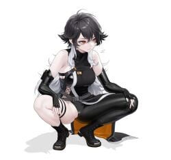 absurdres antenna_hair bare_shoulders belt black_bodysuit black_boots black_hair bodysuit boots breasts clitoris_slip closed_mouth elbow_gloves female fingerless_gloves gloves goddess_of_victory:_nikke hair_between_eyes highres k_(nikke) long_hair multicolored_hair ohisashiburi orange_eyes partially_visible_vulva pussy pussy_peek simple_background single_leg_bodysuit sleeveless sleeveless_bodysuit solo spiked_hair spread_legs squatting thigh_strap two-tone_hair very_long_hair wardrobe_malfunction white_background white_hair