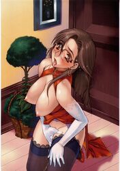 bangs bare_shoulders blush breasts brown_eyes brown_hair china_dress chinadress chinese_clothes cleavage_cutout elbow_gloves embarrassed garter_belt glasses gloves highres masturbation nipples nishi_iori scan thighhighs wet