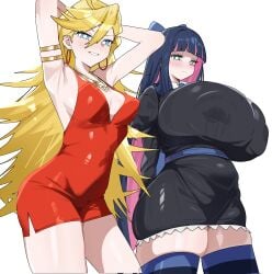 2girls ahoge bangs bare_shoulders blonde_hair blue_bow blue_eyes blue_hair blue_thighhighs blunt_bangs blush bow breasts citizen_k cleavage collarbone colored_inner_hair female hair_between_eyes hairbow large_breasts long_hair looking_at_viewer medium_breasts multicolored_hair multiple_girls navel panty_&_stocking_with_garterbelt panty_anarchy pink_hair shiny siblings sisters smile stocking_anarchy stomach striped_thighhighs thighhighs two-tone_hair very_long_hair
