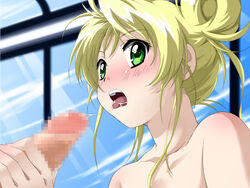 blonde_hair blush bust fellatio female green_eyes handjob open_mouth oral penis saipaco saliva saliva_trail simoun tongue topless