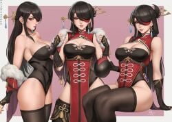 armpit_crease artist_name bare_shoulders beidou_(genshin_impact) black_gloves black_hair black_leotard black_thighhighs breasts capelet cleavage collarbone colored_eyepatch commentary cup earrings elbow_gloves english_commentary eyepatch female fingerless_gloves fur_trim genshin_impact gloves gourd hair_ornament hair_over_one_eye hairpin holding holding_cup jewelry large_breasts leotard lips long_hair looking_at_viewer multiple_views nose pelvic_curtain red_eyes sciamano240 signature single_earring sitting smile standing tassel thighhighs thighs undressing vision_(genshin_impact)