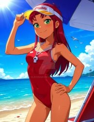 2025 ai_generated beach cartoon_network dc dc_super_hero_girls dcau deviantart elryusam green_eyes hand_on_hat hand_on_hip holding_hat lifeguard_hat lifeguard_swimsuit meta mouth_closed not_porn orange_body orange_skin red_cheeks red_eyebrows red_hair_female starfire_(teen_titans) swimsuit teen_titans touching_hat wet_body wet_skin wet_swimsuit whistle_around_neck